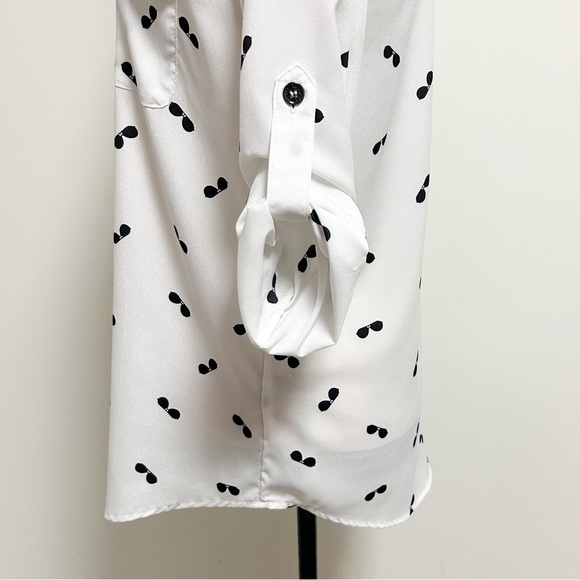 Karl Lagerfeld White Black Sunglasses Roll Tab Sleeve Button Up Collar Blouse XS - Picture 10 of 15